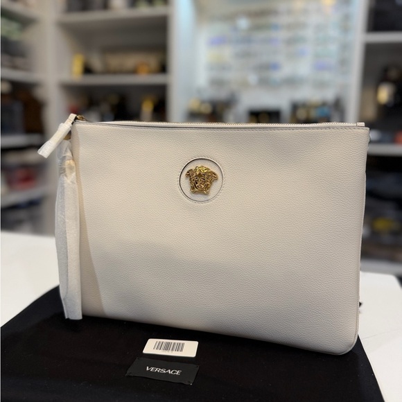 Versace Cream Clutch with Gold Medusa Emblem